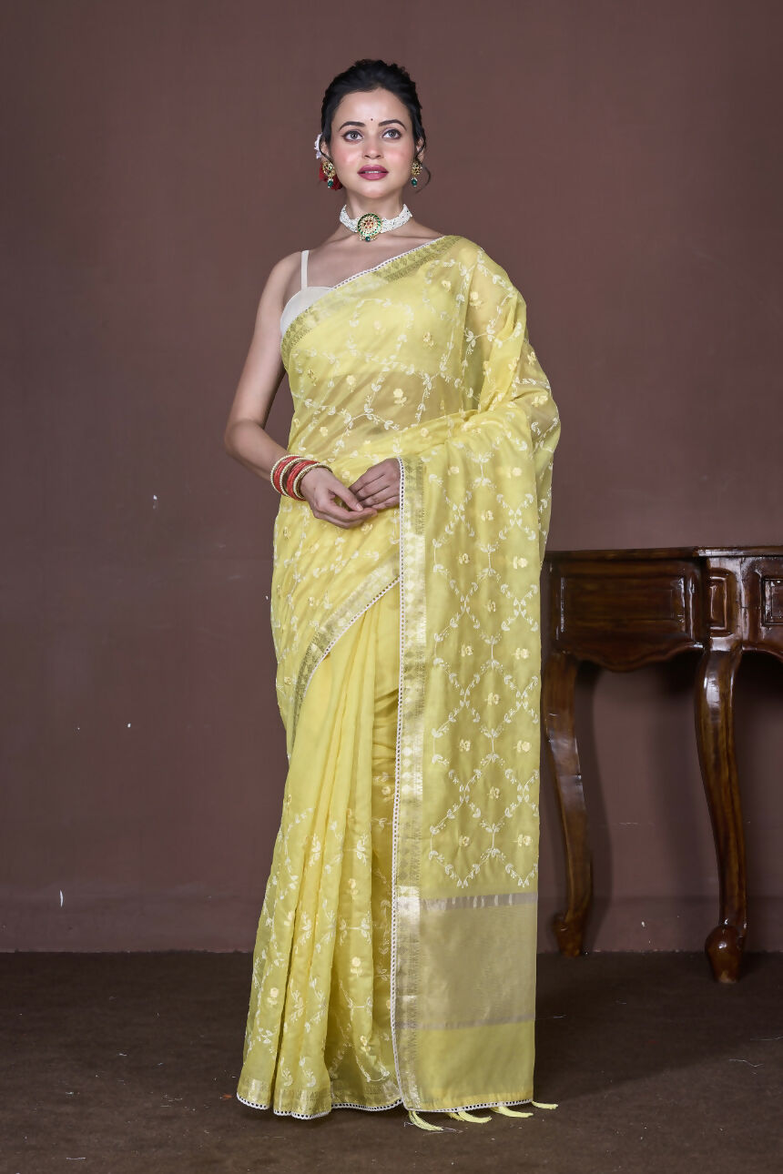 Morchari Yellow Cotton Chanderi Embroidery Saree Unstitched Blouse