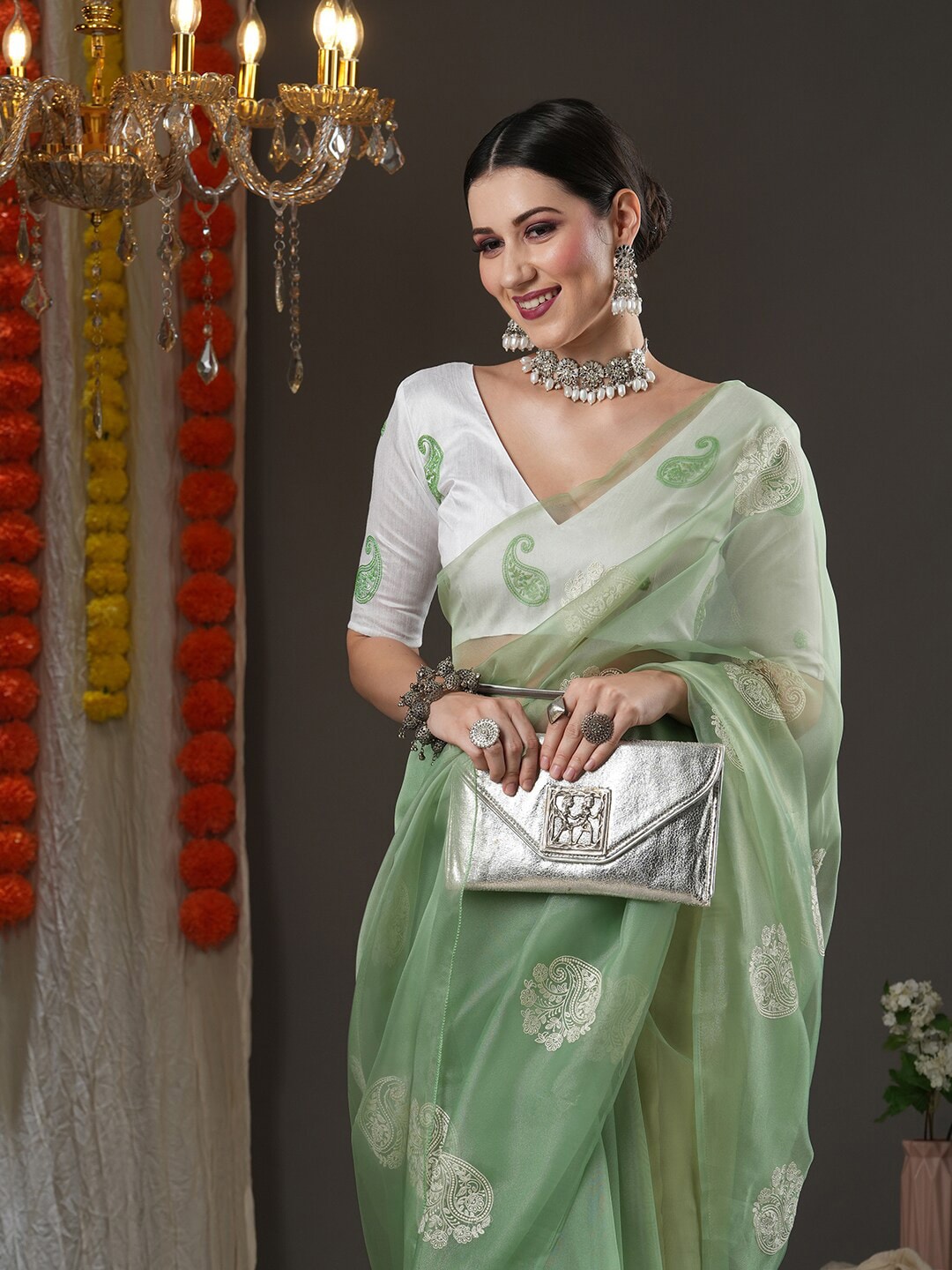 Saree Mall Olive Green & White Paisley Embroidered Organza Banarasi Sarees