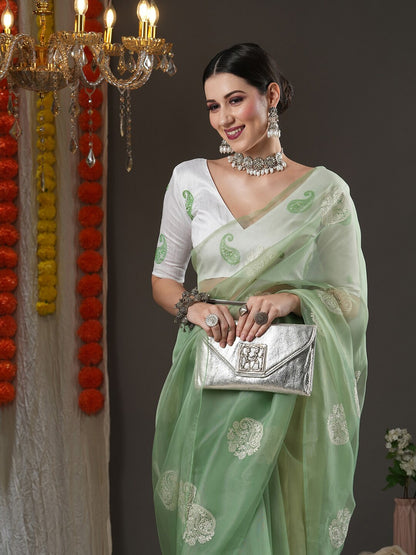 Saree Mall Olive Green & White Paisley Embroidered Organza Banarasi Sarees