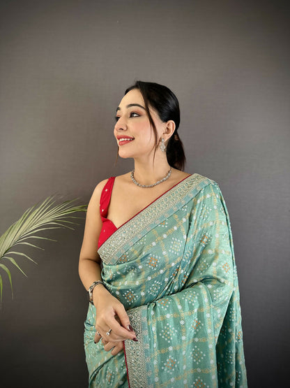 Joban Fashion Sea Green Bandhej Bandhani Vichitra Silk Bandhani Prints Saree