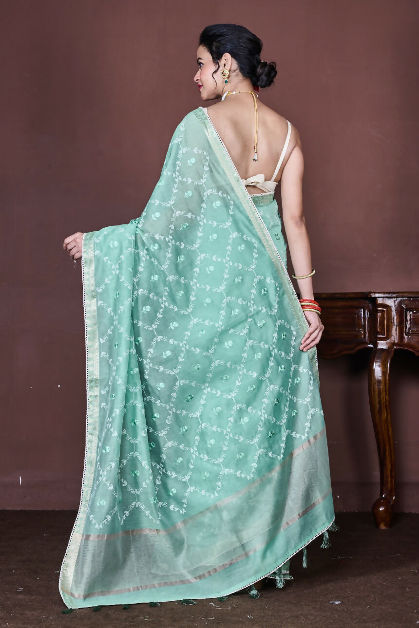 Morchari Green Cotton Chanderi Embroidery Saree Unstitched Blouse