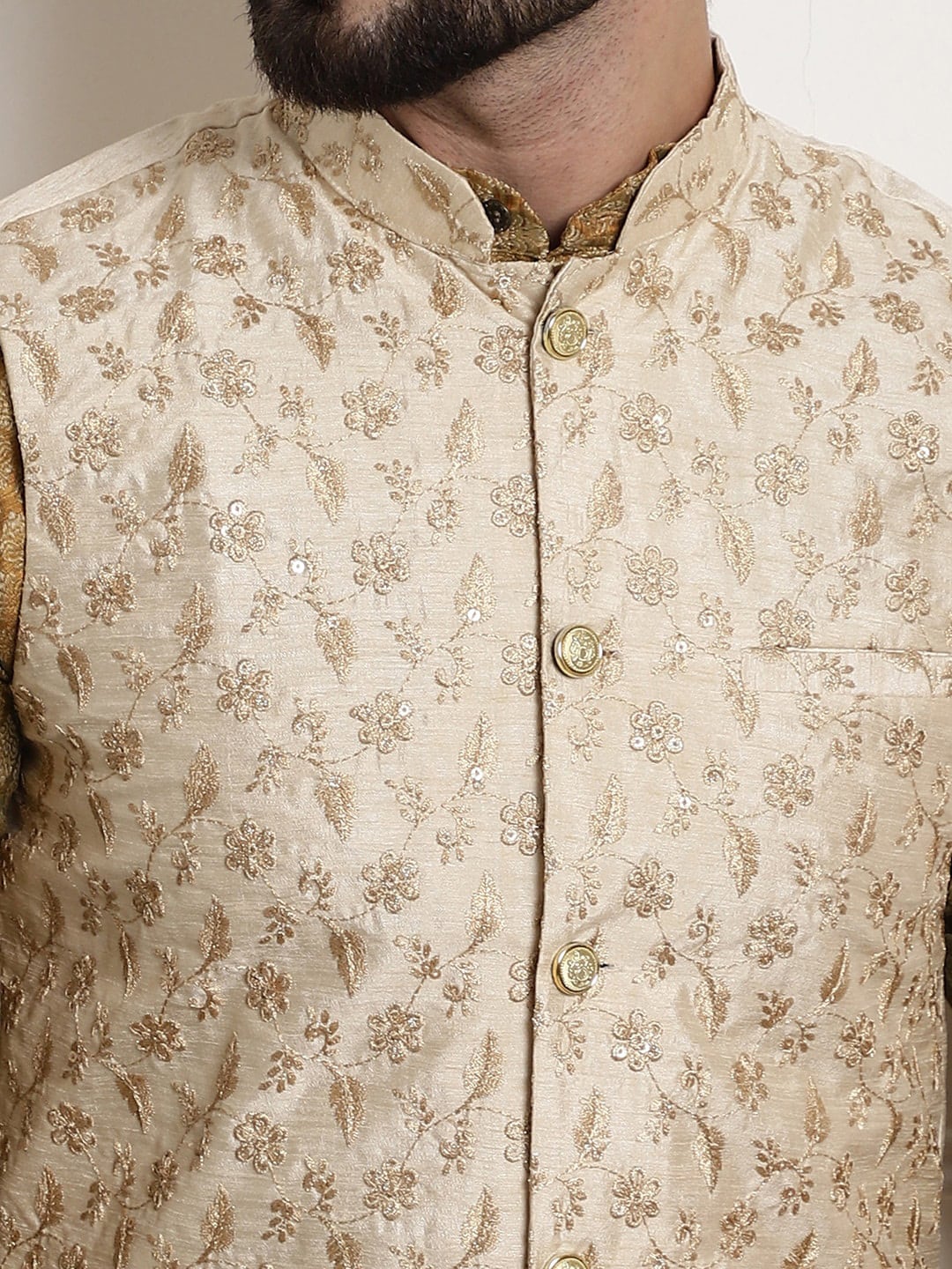 Sojanya Woven Design Mandarin Collar Kurta with Churidar & Nehru Jacket