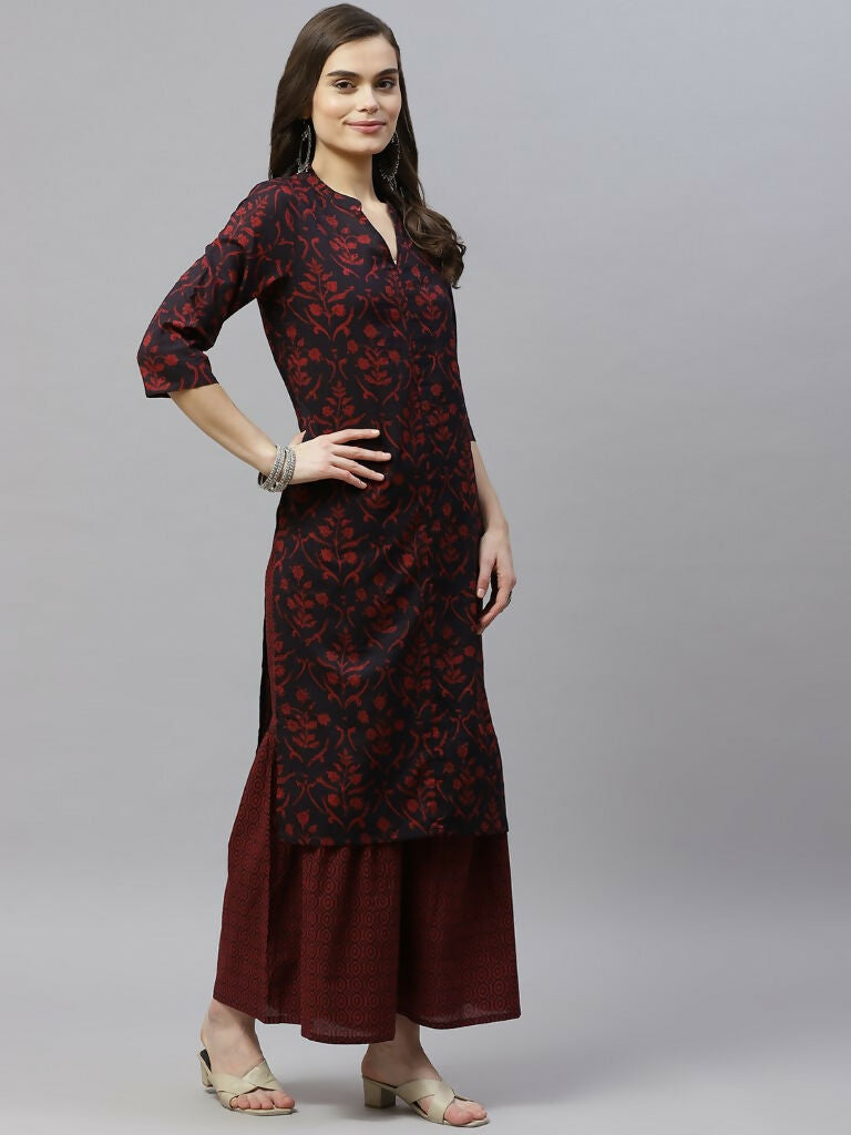 Miravan Women's Cotton Floral Print Straight Kurta Sharara And Dupatta Set