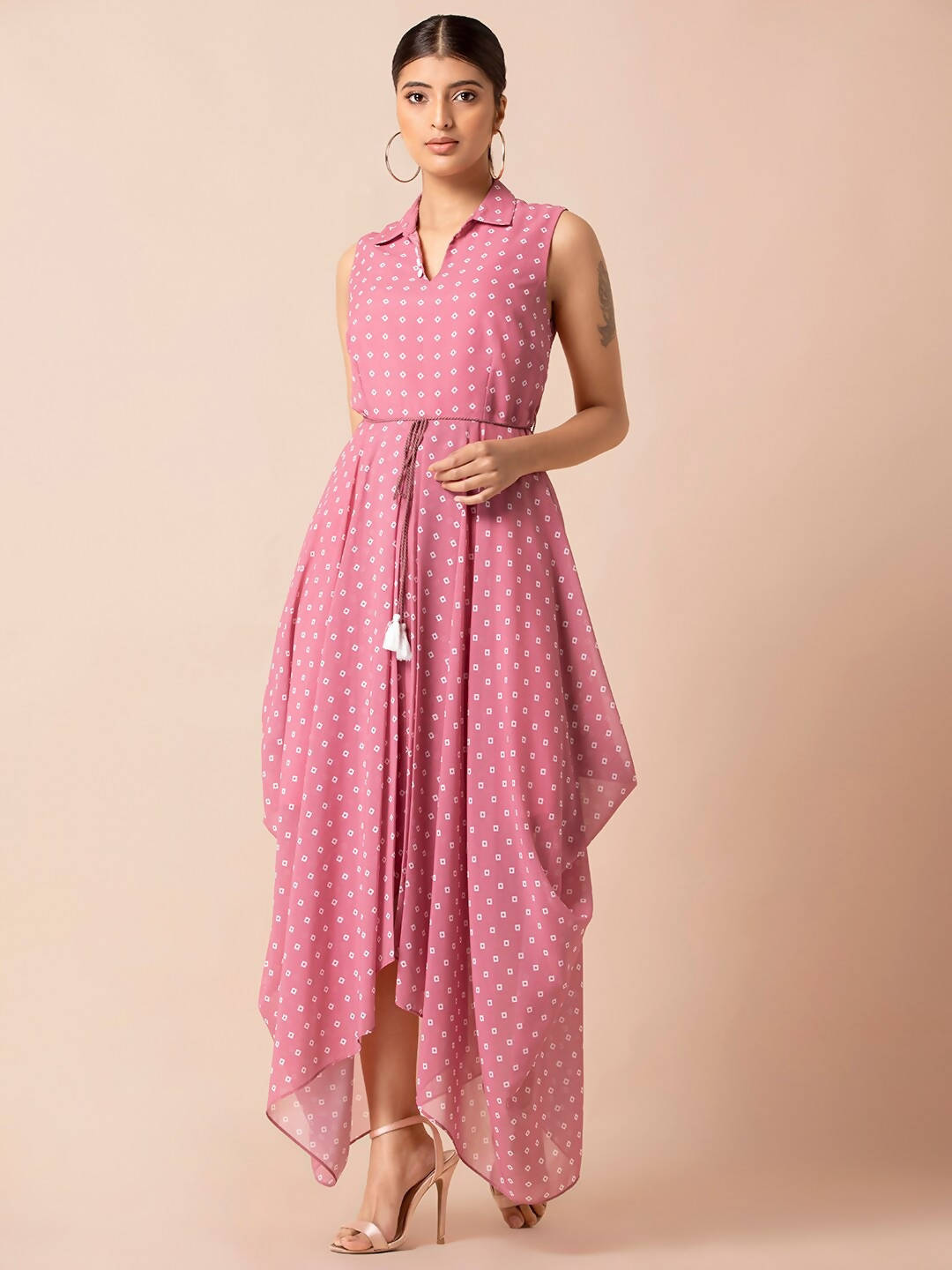 Indya Pink & White Bandhani Printed Maxi Dress