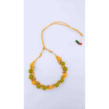 Green and Gold Silk Threaded Necklace Set with Earrings and Maang Tika