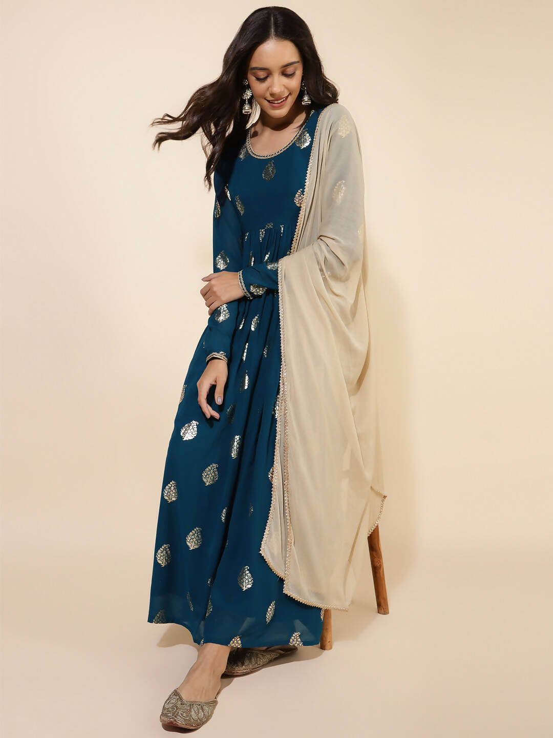 Janasya Women's Teal Blue Georgette Foil Printed Festive Flared Kurta Set