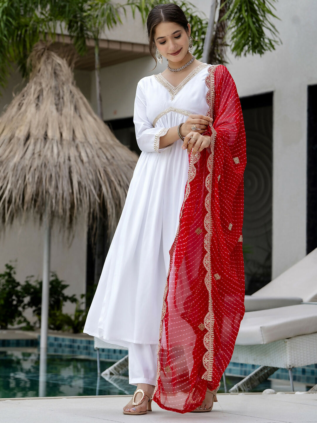 The52 White Women's Gorgeous Embroidered Chanderi Fabric Straight Kurta, Pant and Dupatta Set