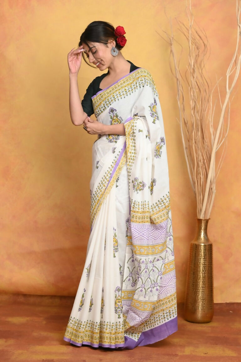 Very Much Indian Handblock Printed Cotton Saree With Natural Dyes - White