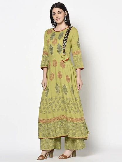 Aniyah Rayon Parrot Green Color Block Print Anarkali Kurta (AN-195K)