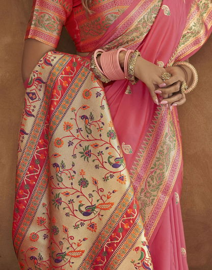 Vastranavya Pink Soft Paithani Silk Saree With Gold Zari Weaving Motifs With Matching Blouse Fabric