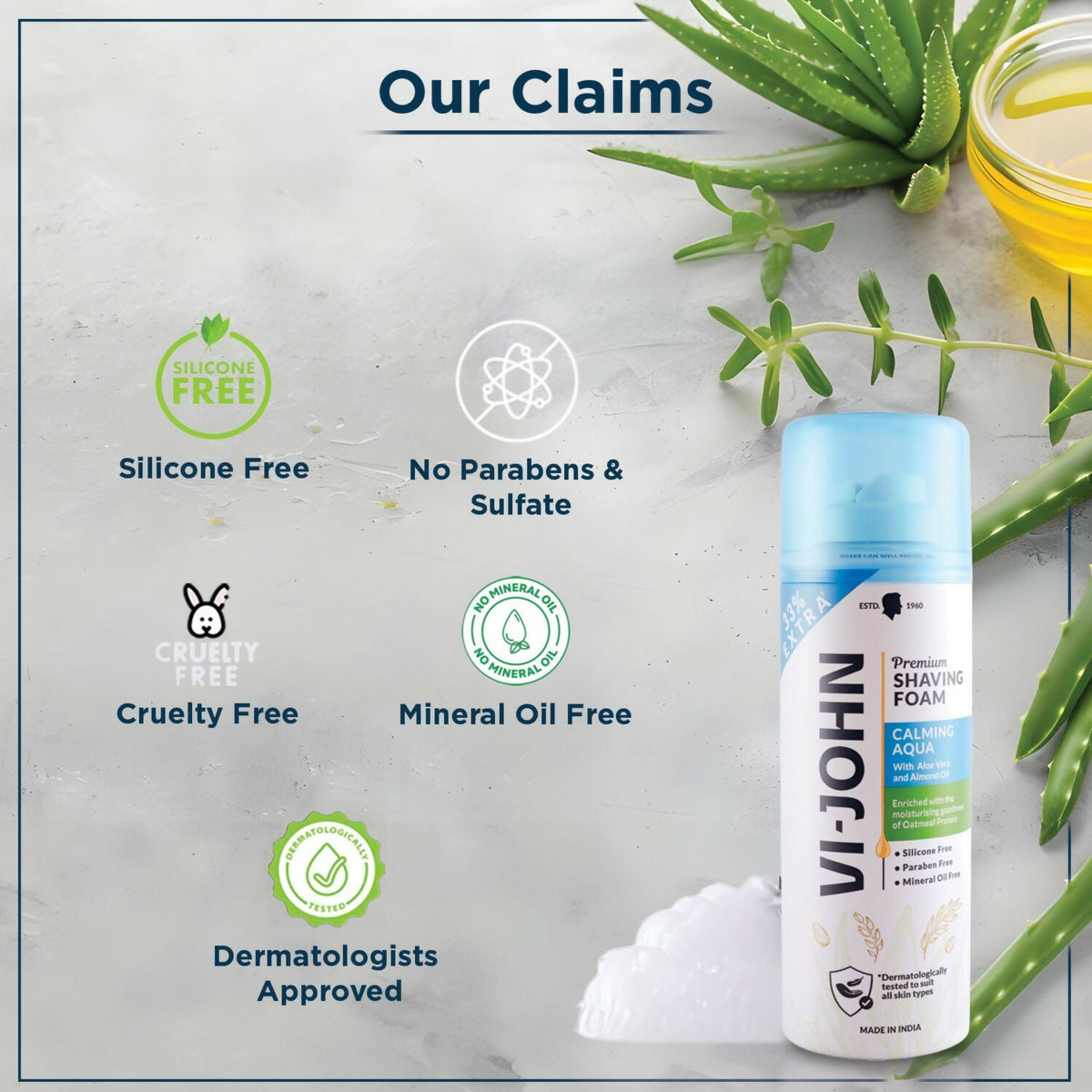 VI-JOHN Dermatologically Tested Premium Claming Aqua Shaving Foam Enriched with Aloevera & Almond Oil Free From Silicone, Paraben & Mineral Oil
