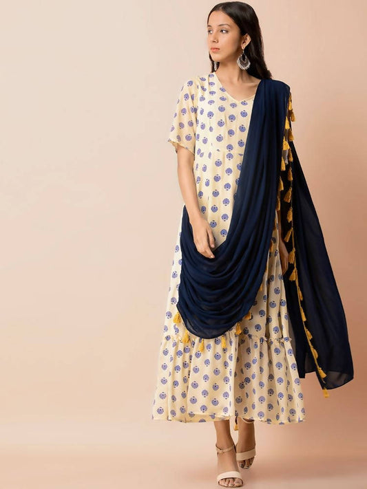 Indya Women White & Navy Blue Printed Maxi Dress With Attached Dupatta