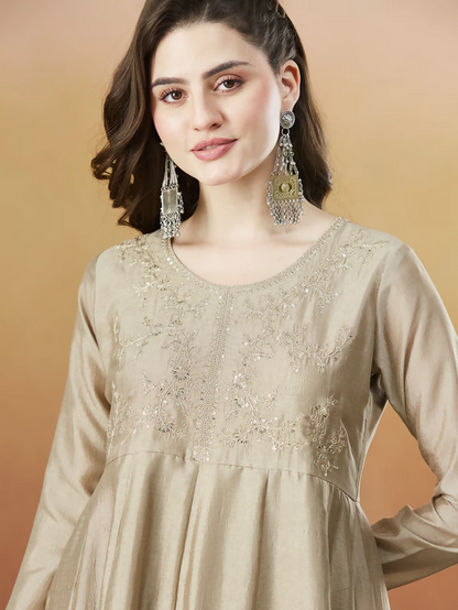 The52 Chiku Women's Beautiful Vichitra Silk Fabric Embroidered Work Flared Anarkali Pant and Dupatta Set