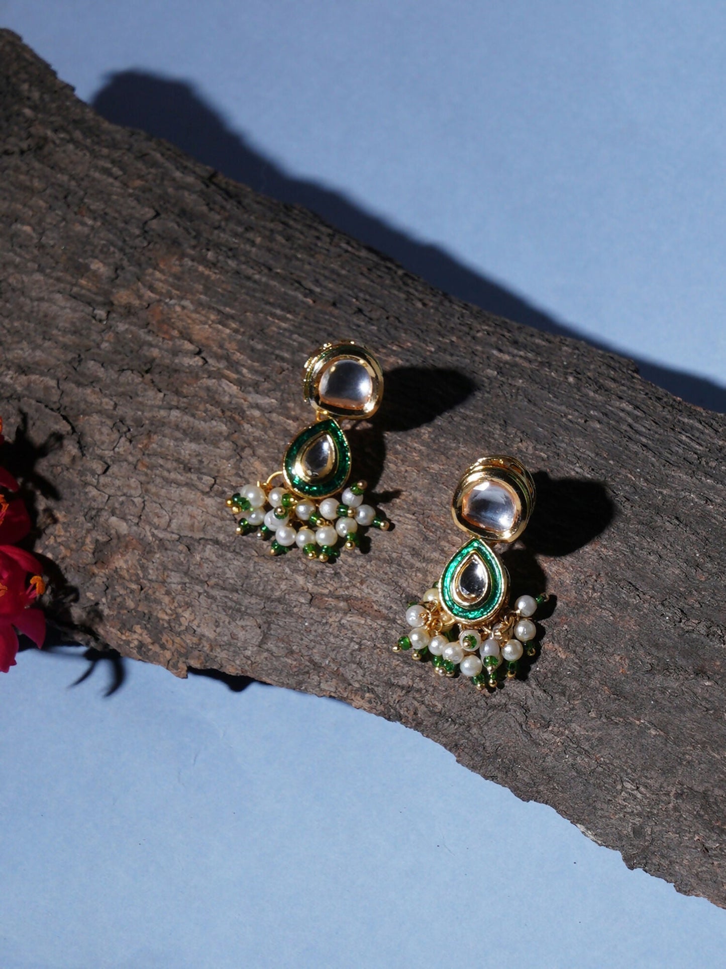 Dual Kundan Stone with Earrings (Gold) - Ruby Raang