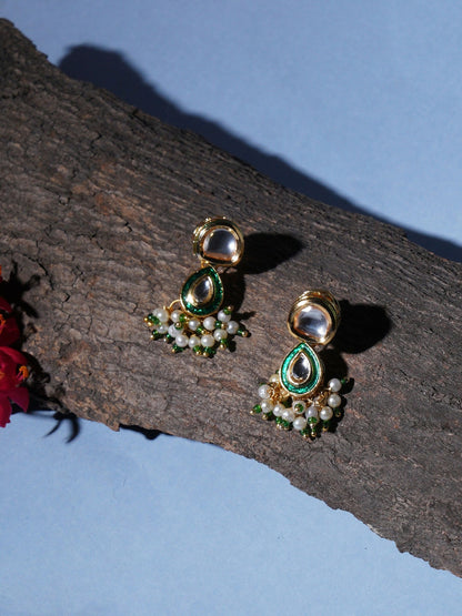 Dual Kundan Stone with Earrings (Gold) - Ruby Raang