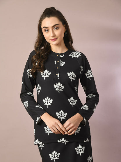 Myshka Women's Black Printed Round Neck Party Top With Skirt Co-ord set