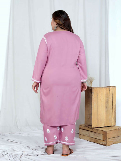 Miravan Women's Plus Size Chikankari Embroidery Pink Straight Kurta And Palazzo Set