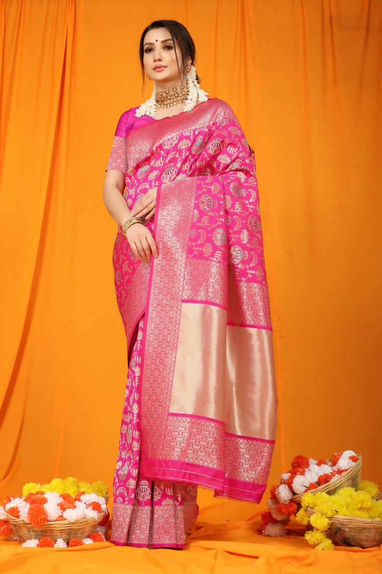 Jyoti Fashion Women's Rani Pink Kanjivaram Silk Zari Woven Saree with Blouse