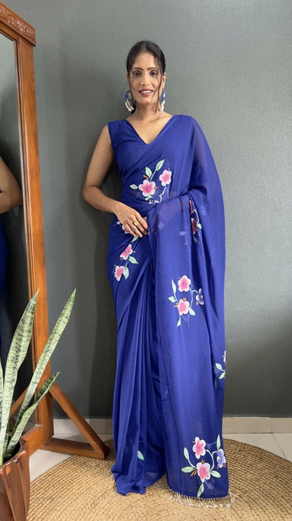 Aayaa Designer 1 min Hand Painted Ready to Wear saree - Navy Blue