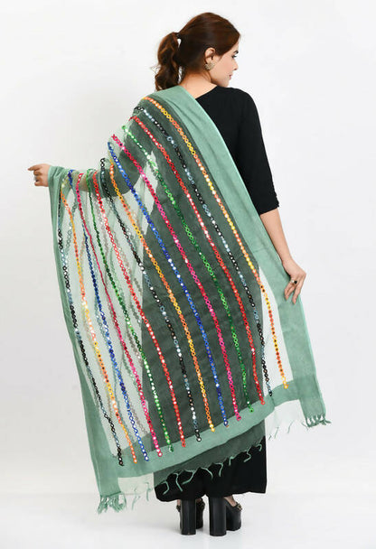 Mominos Fashion Moeza Women's Orgenza Multi Thread Mirror Work Pista Green Dupatta