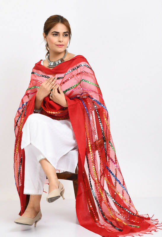 Mominos Fashion Moeza Women's Orgenza Multi Thread Mirror Work Red Dupatta