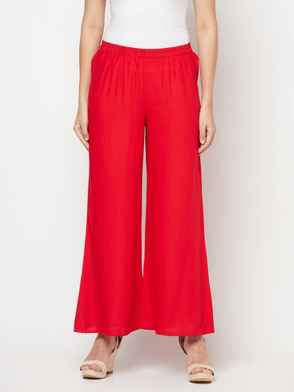 Aniyah Rayon Flared Slip-On Red Palazzo