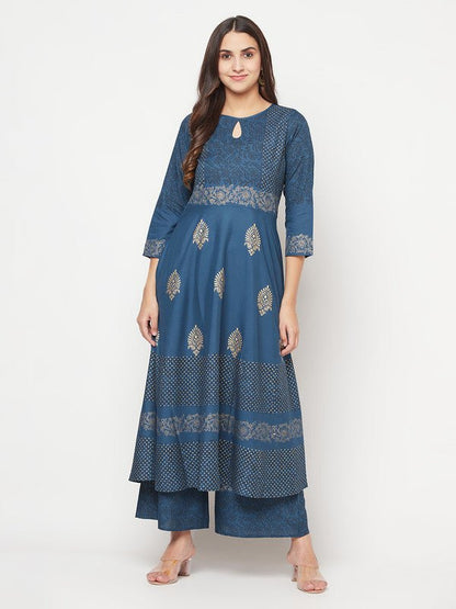 Aniyah Rayon Block Print Blue Anarkali Kurta