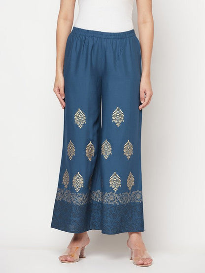 Aniyah Rayon Block Print Flared Slip-on Blue Palazzo