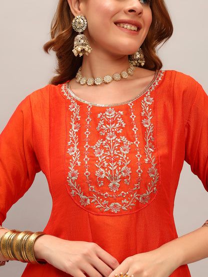 The52 Embroidered Vichitra Silk Fabric Straight Kurta, Pant and Dupatta Set