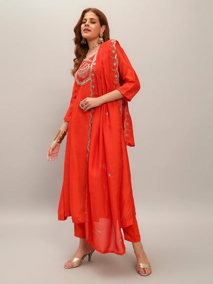 The52 Women's Orange Embroidered Vichitra Silk Fabric Straight Kurta, Pant and Dupatta Set