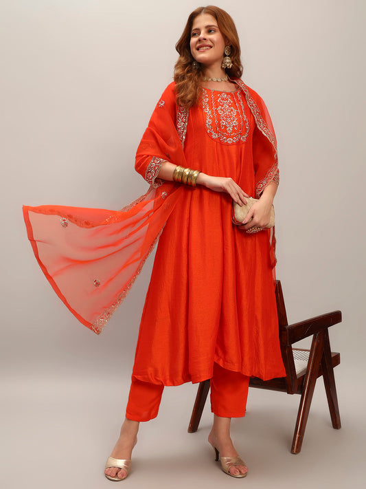 The52 Embroidered Vichitra Silk Fabric Straight Kurta, Pant and Dupatta Set