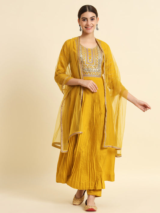 The52 Sequence Embroidered Plating Work Mustard Yellow Pure Chanderi Silk Flare Kurta With Pant & Dupatta Set