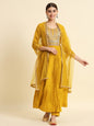 The52 Sequence Embroidered Plating Work Mustard Yellow Pure Chanderi Silk Flare Kurta With Pant & Dupatta Set