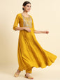 The52 Sequence Embroidered Plating Work Mustard Yellow Pure Chanderi Silk Flare Kurta With Pant & Dupatta Set