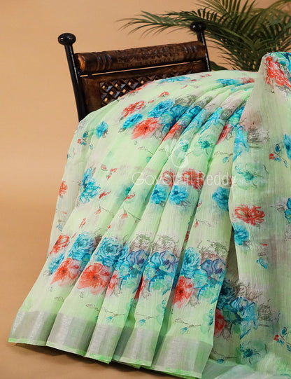 Pastel Green and Blue Digital Prin Semi Chanderi Saree By Gayathri Reddy Designer Studio