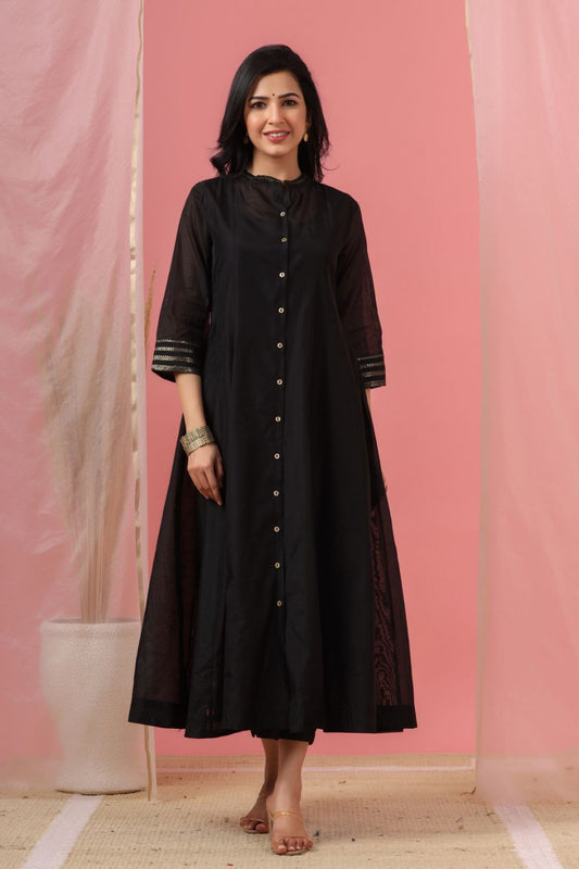 Juniper Womens Black Chanderi Solid Kalidar Kurta