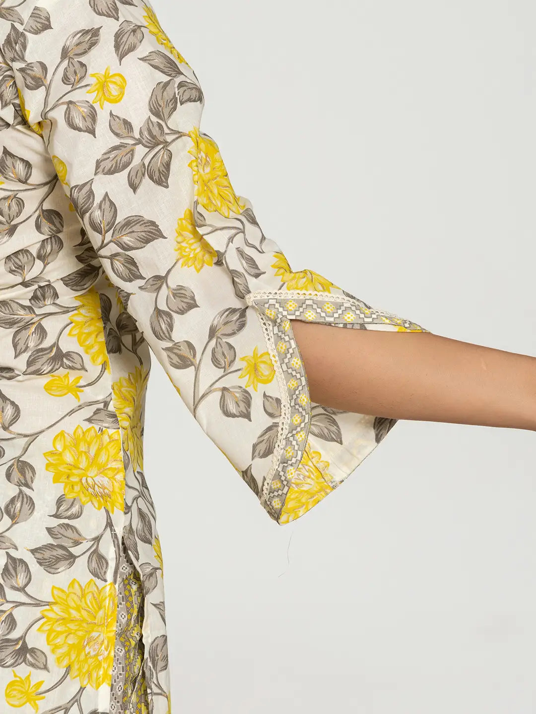 Yufta Yellow And Off White Cotton Pakistani Style Kurta Dupatta Set