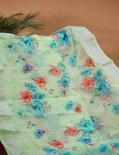 Pastel Green and Blue Digital Prin Semi Chanderi Saree By Gayathri Reddy Designer Studio