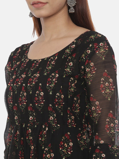 Souchii Women Black Printed Fit and Flare Dress