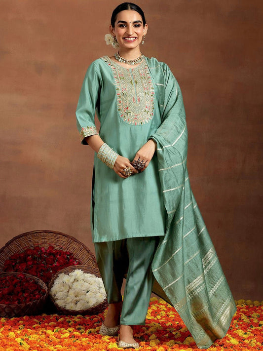 Vegaa Fashion Bottel Green Chanderi Silk Embroidered Salwar Suit