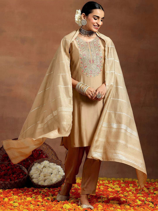 Vegaa Fashion Cream Chanderi Silk Embroidered Salwar Suit