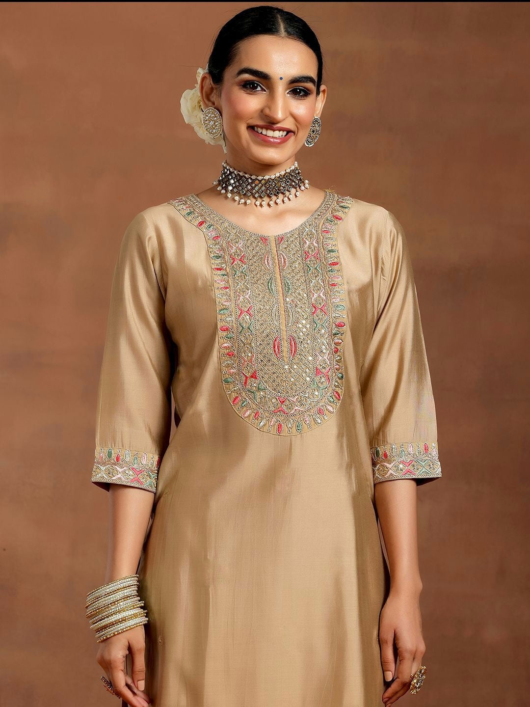 Vegaa Fashion Cream Chanderi Silk Embroidered Salwar Suit