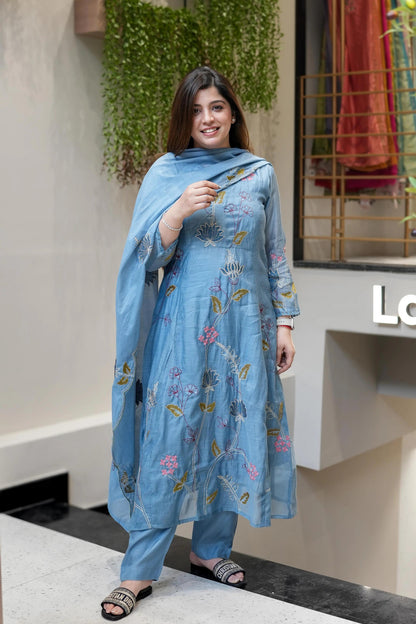 Vegaa Fashion Light Blue Viscose Chanderi Embroidered Salwar Suit
