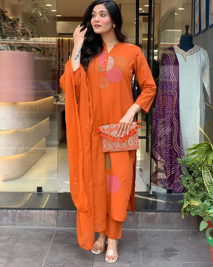 Vegaa Fashion Orange Rayon Embroidered Salwar Suit