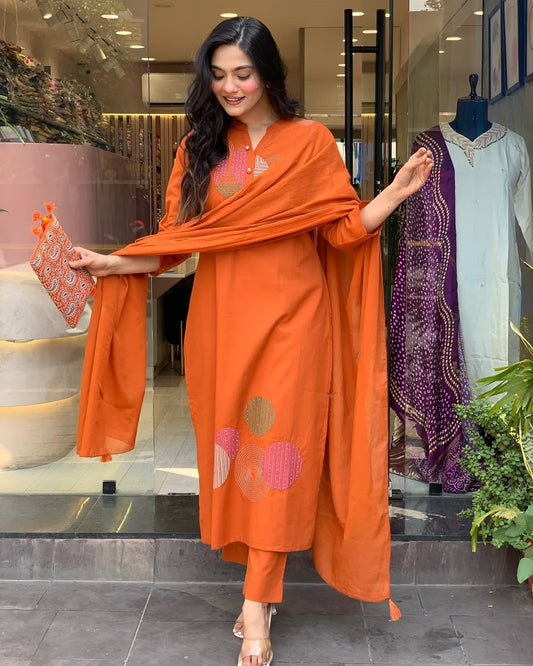 Vegaa Fashion Orange Rayon Embroidered Salwar Suit