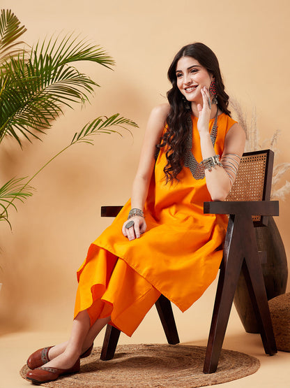 InWeave Women's Tangy Orange Short Kurta Palazzo Set