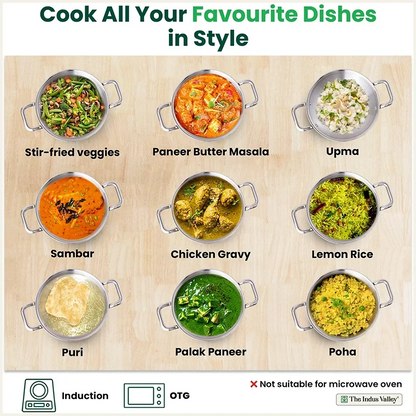 The Indus Valley TurboCuk Tri-ply Stainless Steel Kadai+ Steel Lid, Premium Quality, 3 Layer Thick Body, 100% Toxin-free, Non-stick, Induction & Gas, 3L/3.5L/3.9L/4.5L