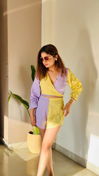 Noroke Sustainable fabric | Linen Cotton Front Tie Linen Co-Ord Set Women - Purple Yellow