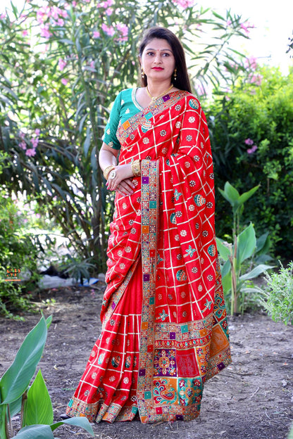 Lorenvalley Fashion Premium Red Dola Silk Embroidery and Diamond work with Jacquard Lace Border Saree