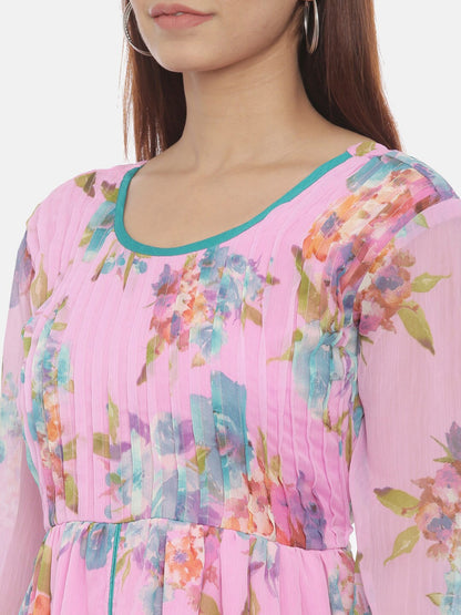 Souchii Pink Printed Fit and Flare Dress